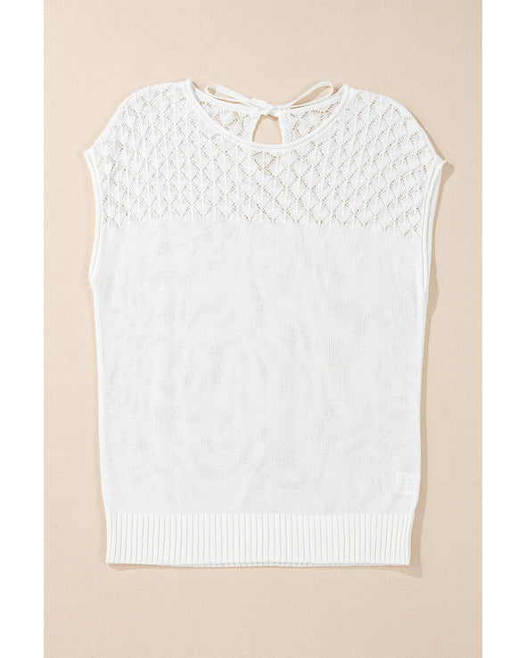 White Eyelet Knit Tied Back Short Sleeve Sweater - 2XL
