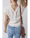 White Eyelet Knit Tied Back Short Sleeve Sweater - 2XL