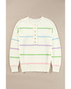 White Rainbow Stripes Drop Shoulder Baggy Henley Sweater - L