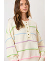 White Rainbow Stripes Drop Shoulder Baggy Henley Sweater - M
