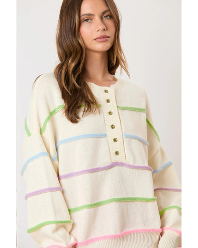 White Rainbow Stripes Drop Shoulder Baggy Henley Sweater - M