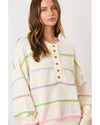 White Rainbow Stripes Drop Shoulder Baggy Henley Sweater - M