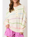White Rainbow Stripes Drop Shoulder Baggy Henley Sweater - M