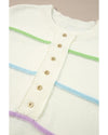 White Rainbow Stripes Drop Shoulder Baggy Henley Sweater - M