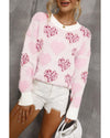 Pink Heart Leopard Print Pearled Ribbed Trim Fuzzy Sweater - L