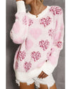 Pink Heart Leopard Print Pearled Ribbed Trim Fuzzy Sweater - L