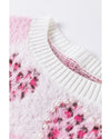 Pink Heart Leopard Print Pearled Ribbed Trim Fuzzy Sweater - L