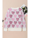 Pink Heart Leopard Print Pearled Ribbed Trim Fuzzy Sweater - L