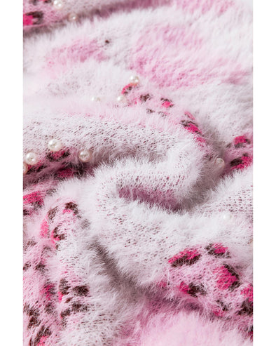 Pink Heart Leopard Print Pearled Ribbed Trim Fuzzy Sweater - M