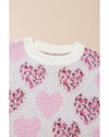 Pink Heart Leopard Print Pearled Ribbed Trim Fuzzy Sweater - M