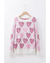 Pink Heart Leopard Print Pearled Ribbed Trim Fuzzy Sweater - M