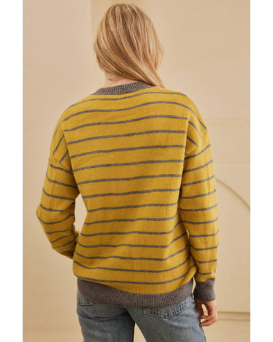 Yellow Stripe Daisy Floral Knitted Round Neck Sweater - XL