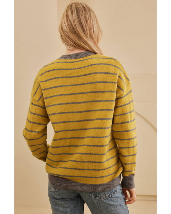 Yellow Stripe Daisy Floral Knitted Round Neck Sweater - XL