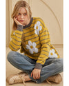 Yellow Stripe Daisy Floral Knitted Round Neck Sweater - XL