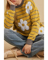Yellow Stripe Daisy Floral Knitted Round Neck Sweater - XL