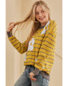Yellow Stripe Daisy Floral Knitted Round Neck Sweater - XL