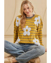 Yellow Stripe Daisy Floral Knitted Round Neck Sweater - XL