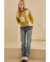 Yellow Stripe Daisy Floral Knitted Round Neck Sweater - XL