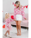 Pink Pearled Heart Print Valentines Crew Neck Sweater - M