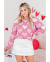 Pink Pearled Heart Print Valentines Crew Neck Sweater - M