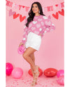 Pink Pearled Heart Print Valentines Crew Neck Sweater - XL