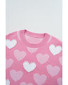 Pink Pearled Heart Print Valentines Crew Neck Sweater - XL