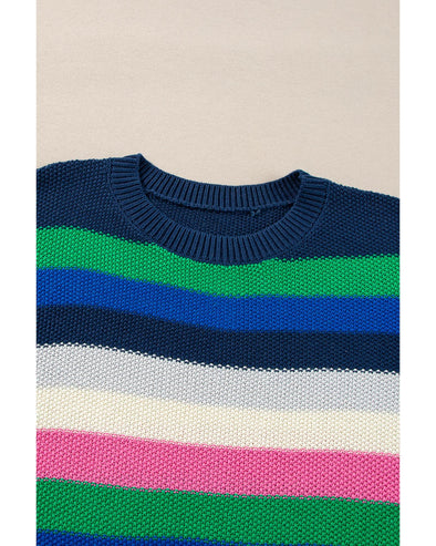 Bright Green Rainbow Striped Crew Neck Drop Shoulder Sweater - XL