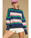 Bright Green Rainbow Striped Crew Neck Drop Shoulder Sweater - XL
