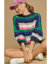 Bright Green Rainbow Striped Crew Neck Drop Shoulder Sweater - XL