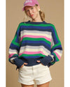 Bright Green Rainbow Striped Crew Neck Drop Shoulder Sweater - XL
