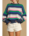 Bright Green Rainbow Striped Crew Neck Drop Shoulder Sweater - XL