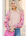 Oatmeal Floral Printed Patchwork Smocked Lantern Sleeve Knit Top - S