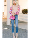 Oatmeal Floral Printed Patchwork Smocked Lantern Sleeve Knit Top - XL