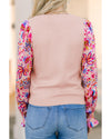 Oatmeal Floral Printed Patchwork Smocked Lantern Sleeve Knit Top - XL