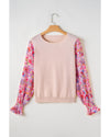 Oatmeal Floral Printed Patchwork Smocked Lantern Sleeve Knit Top - XL
