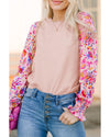 Oatmeal Floral Printed Patchwork Smocked Lantern Sleeve Knit Top - XL