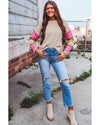 Simply Taupe Colorblock Exposed Seam Round Neck Sweater - L