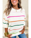 White Colorblock Striped Half Sleeve Drop Shoulder Sweater - L