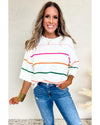 White Colorblock Striped Half Sleeve Drop Shoulder Sweater - M