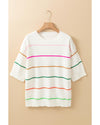 White Colorblock Striped Half Sleeve Drop Shoulder Sweater - M