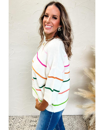 White Colorblock Striped Half Sleeve Drop Shoulder Sweater - XL