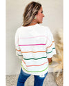 White Colorblock Striped Half Sleeve Drop Shoulder Sweater - XL