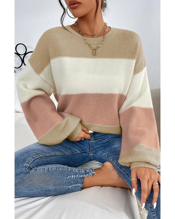 Dusty Pink Color Block Lantern Sleeve Drop Shoulder Sweater - L