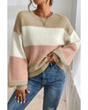 Dusty Pink Color Block Lantern Sleeve Drop Shoulder Sweater - L
