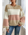 Dusty Pink Color Block Lantern Sleeve Drop Shoulder Sweater - L