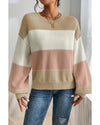 Dusty Pink Color Block Lantern Sleeve Drop Shoulder Sweater - L