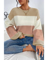 Dusty Pink Color Block Lantern Sleeve Drop Shoulder Sweater - M