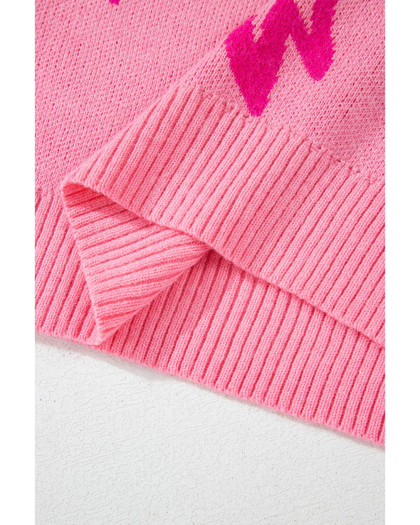 Pink Bow Pattern Drop Shoulder Loose Sweater - L