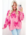 Pink Bow Pattern Drop Shoulder Loose Sweater - L