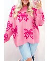 Pink Bow Pattern Drop Shoulder Loose Sweater - L